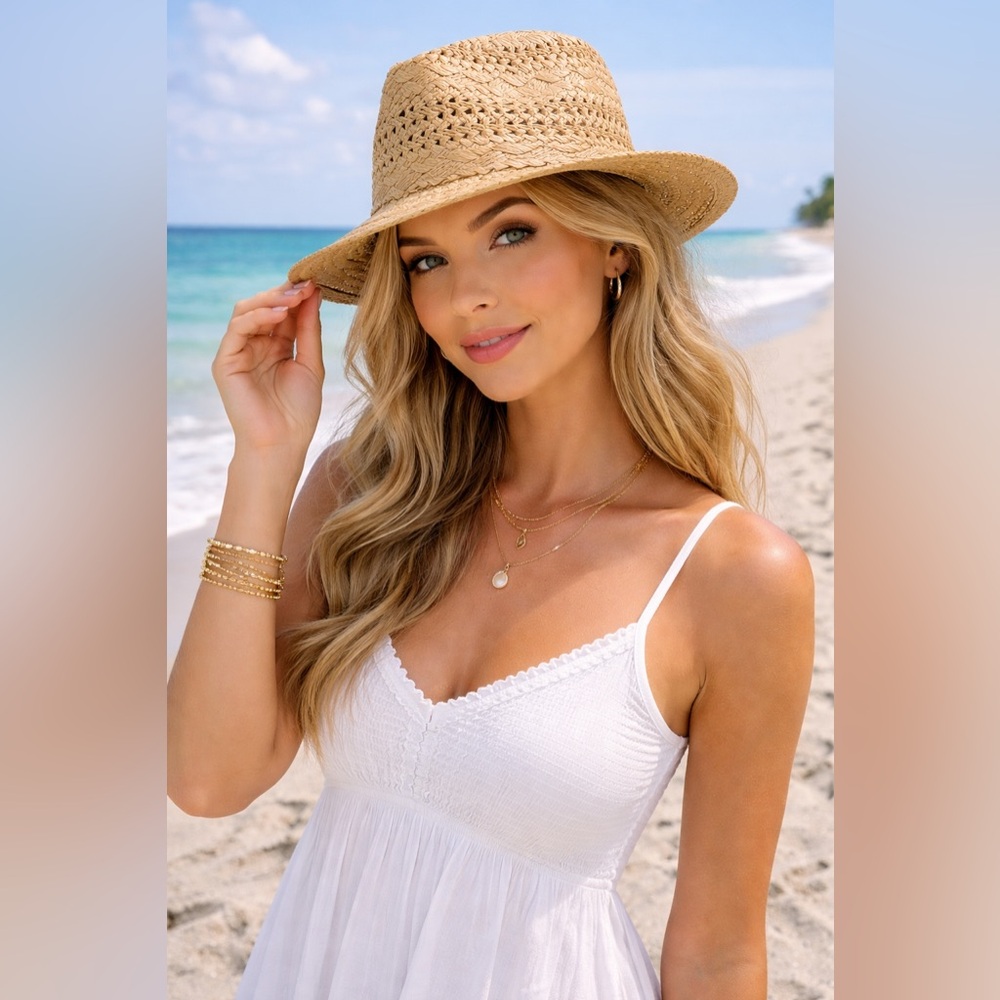 NWT Neutral Straw Fedora Hat Lightweight Beach Hat Woven Beige Summer Beach Boho